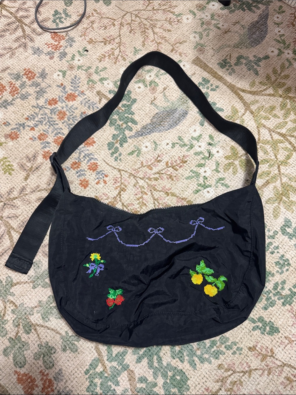 Baggu Cross-stitched Embroidered Medium Crescent Crossbody Bag